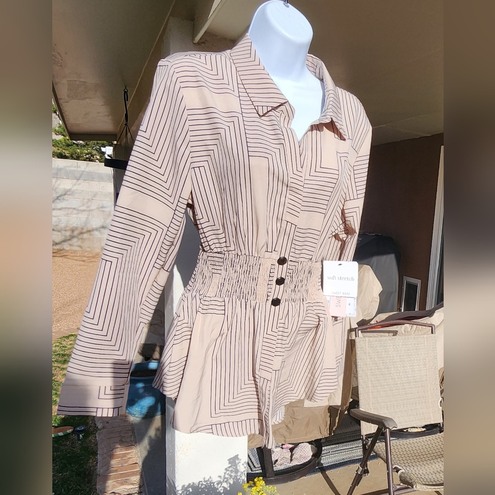 Sweet Rain Cream and Black Relaxed Button Down Blouse